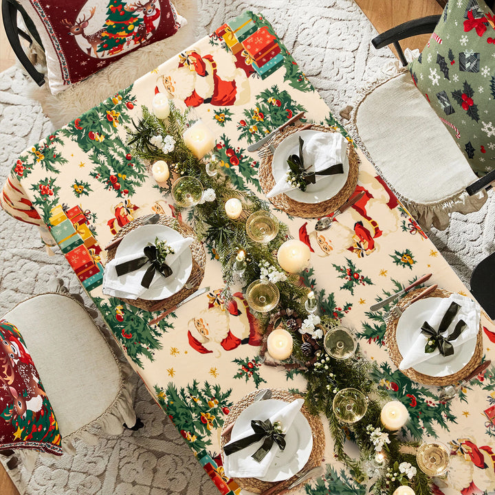 Festive tablecloth with Santa Claus illustration and wipeable surface