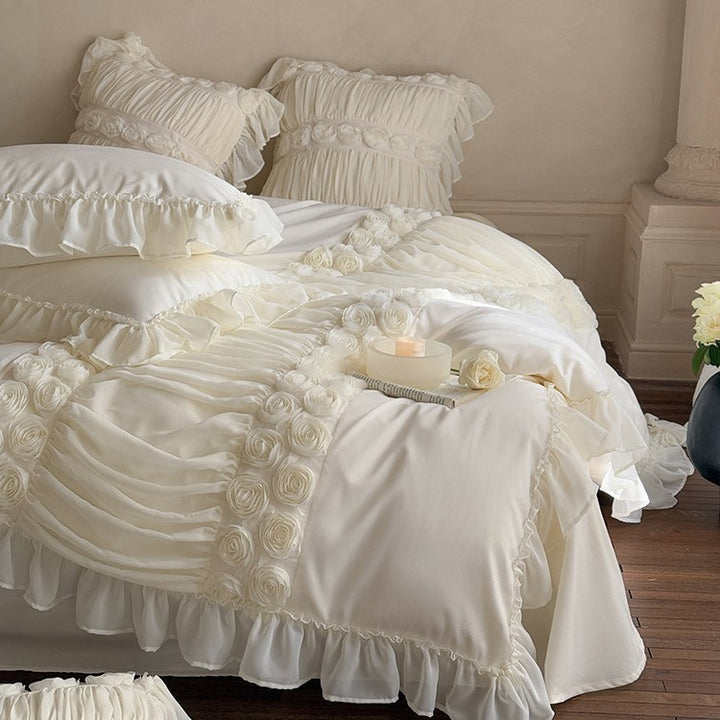 Luxurious Ruffle Bedding Set with Rose Appliqués and Volants
