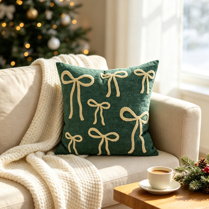 Holiday Holly Embroidered Velveteen Throw Pillow with Pom Berry Accents