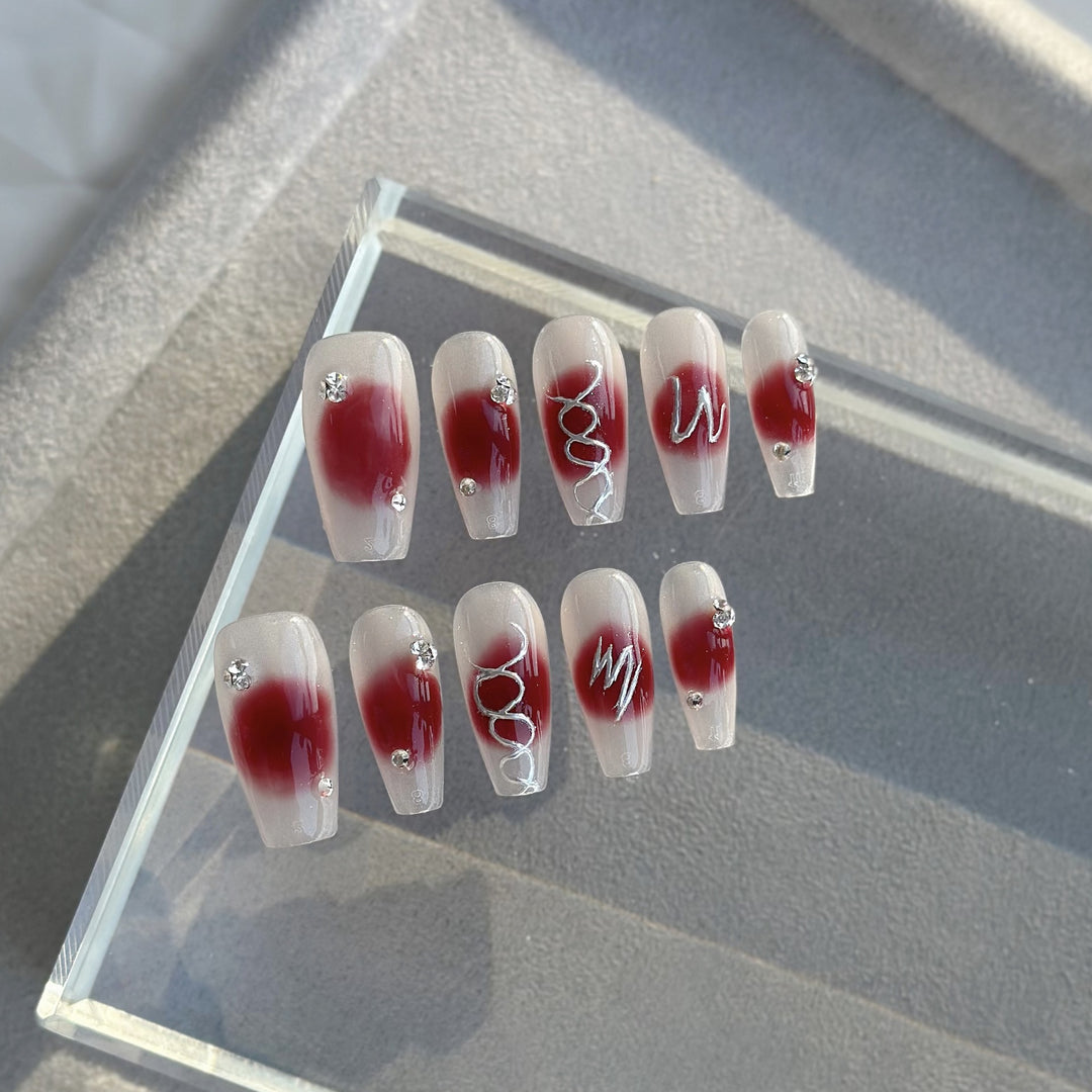 Artistic Press-On Nail Set with Decorative Gems