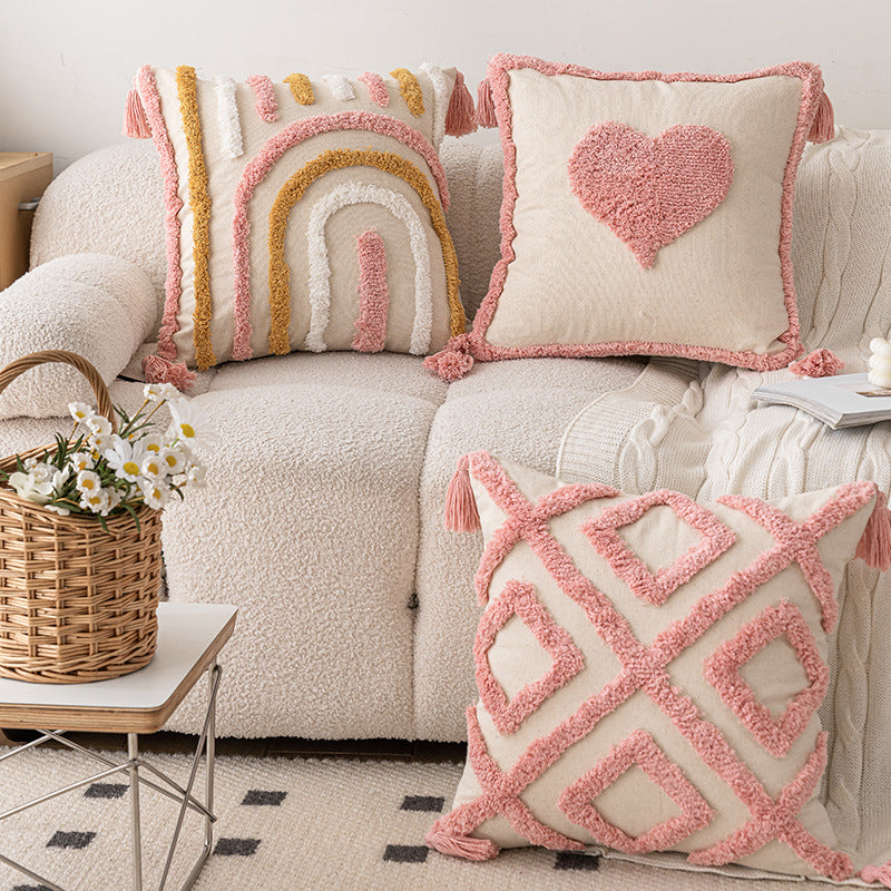 Hand-Tufted Concentric Arch Cotton Throw Pillow with Tassel Corners and Removable Cover