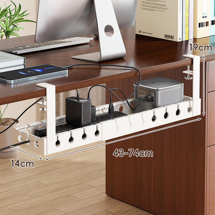 Under-Desk Adjustable Clamp-On Cable Management Tray with Power Strip Holder