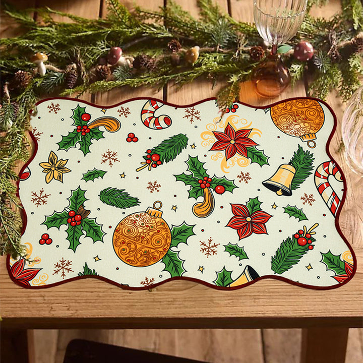 Wipeable Christmas table mat with wavy edge, non-slip bottom and festive pattern