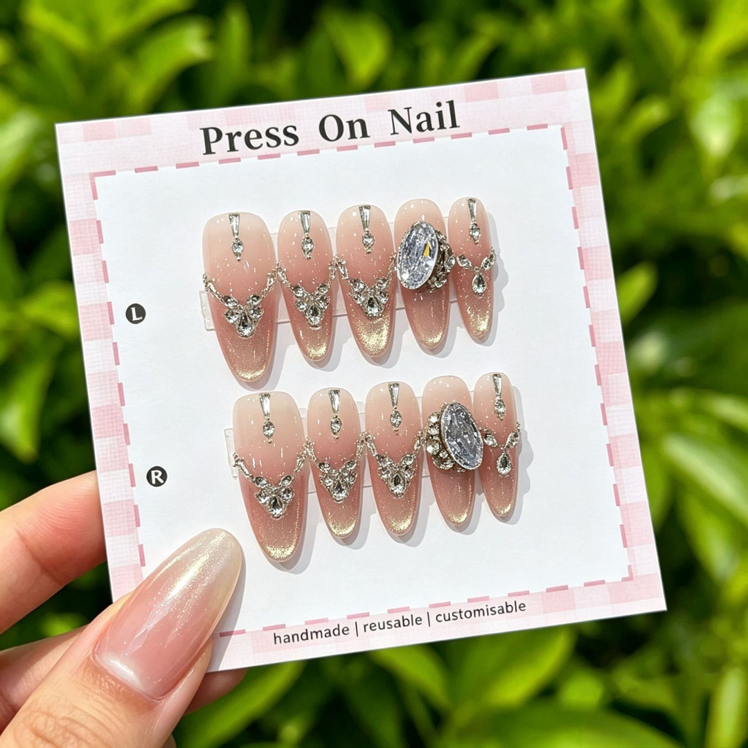 Artistic Press-On Nail Art Set with Cute Character and Bow Accents