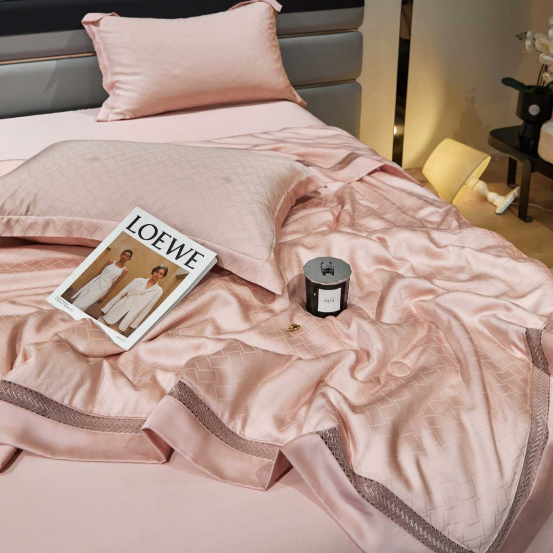 Satin-Duvet cover set with woven check jacquard and decorative border