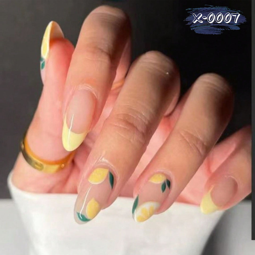 Stylish Nail Art Set with Lemon and Floral Design