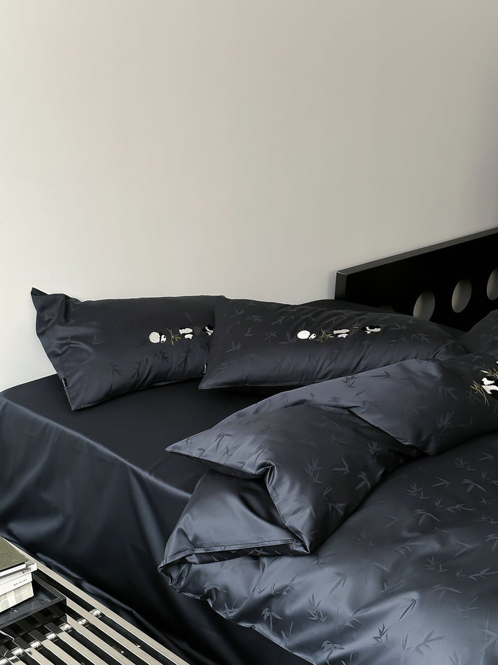 finely woven cotton satin bedding set with panda embroidery and bamboo jacquard