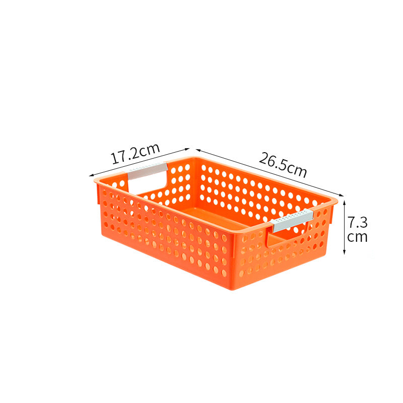 Flat plastic storage box with perforated side wall and grip recesses