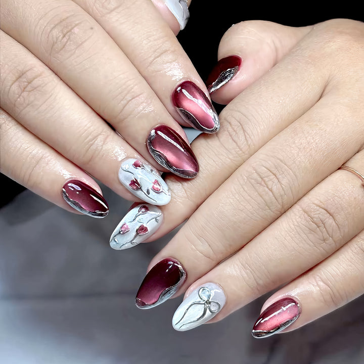Elegant Artistic Press-On Nail Set with Glossy Finish and Floral Accents Kalsten