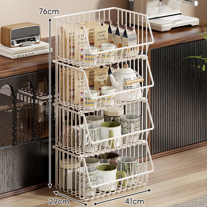 Four-Tier Tall Rolling Wire Pantry and Mug Storage Cart with Deep Slanted Baskets