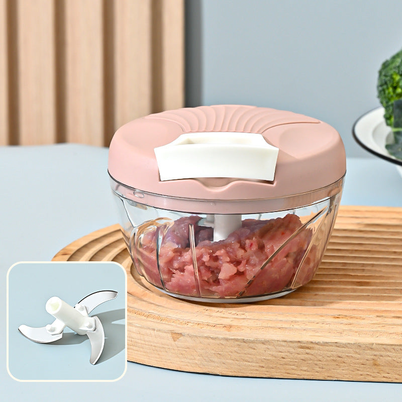 Compact Manual Pull-String Food Chopper with Interchangeable S-Blade and Clear Glass Bowl