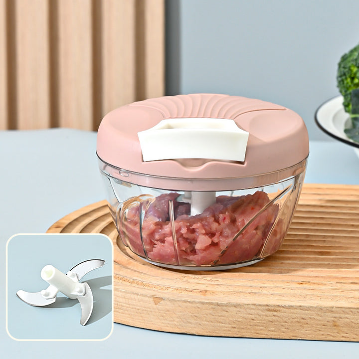 Compact Manual Pull-String Food Chopper with Interchangeable S-Blade and Clear Glass Bowl