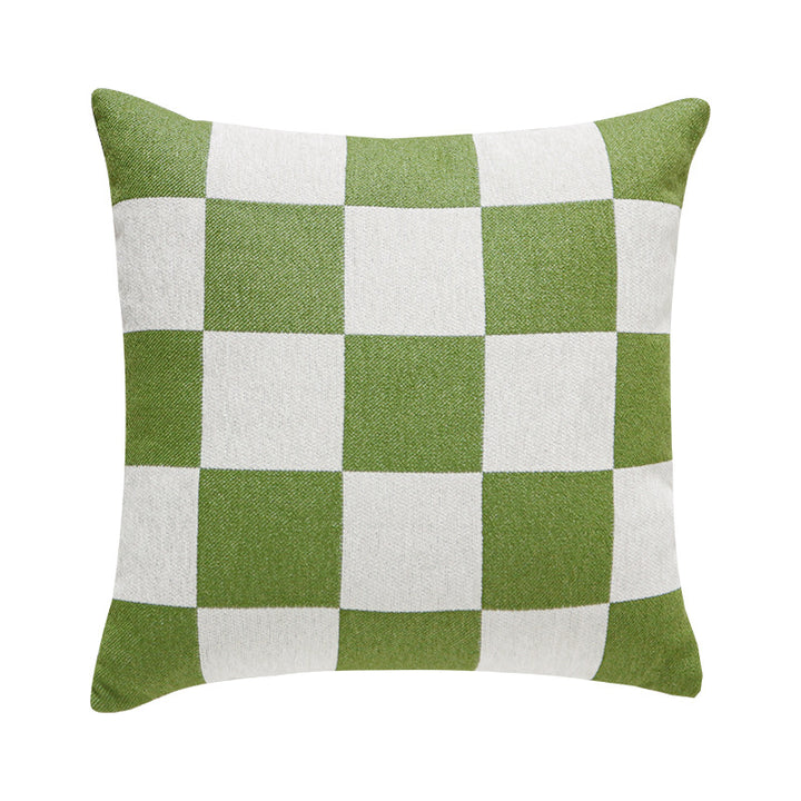 Square decorative cushion with woven checkered pattern and hidden zipper
