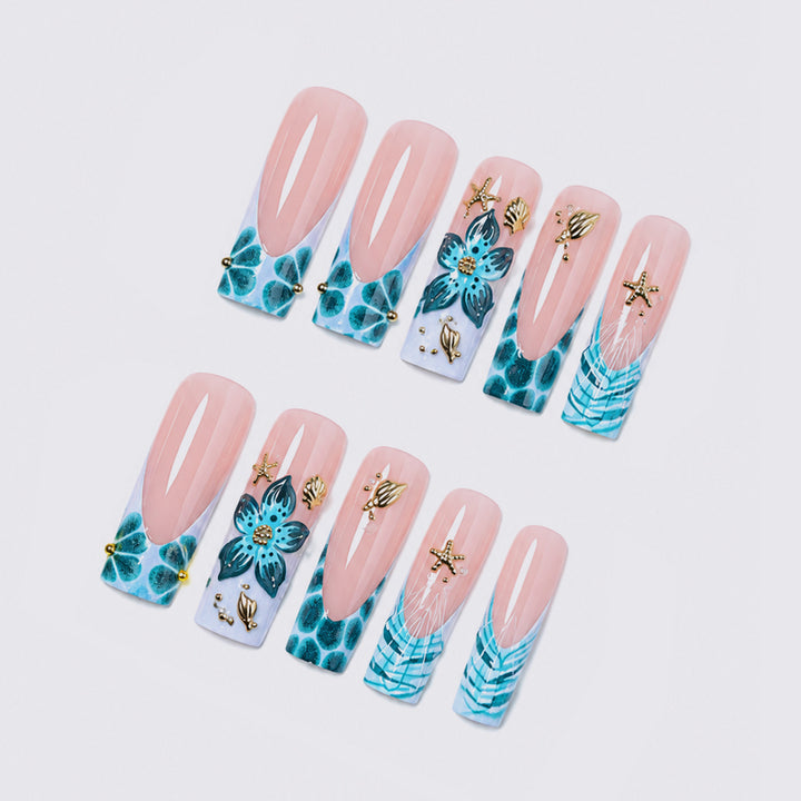 Artistic Acrylic Press-On Nail Set with Floral and Gold Elements kalsten