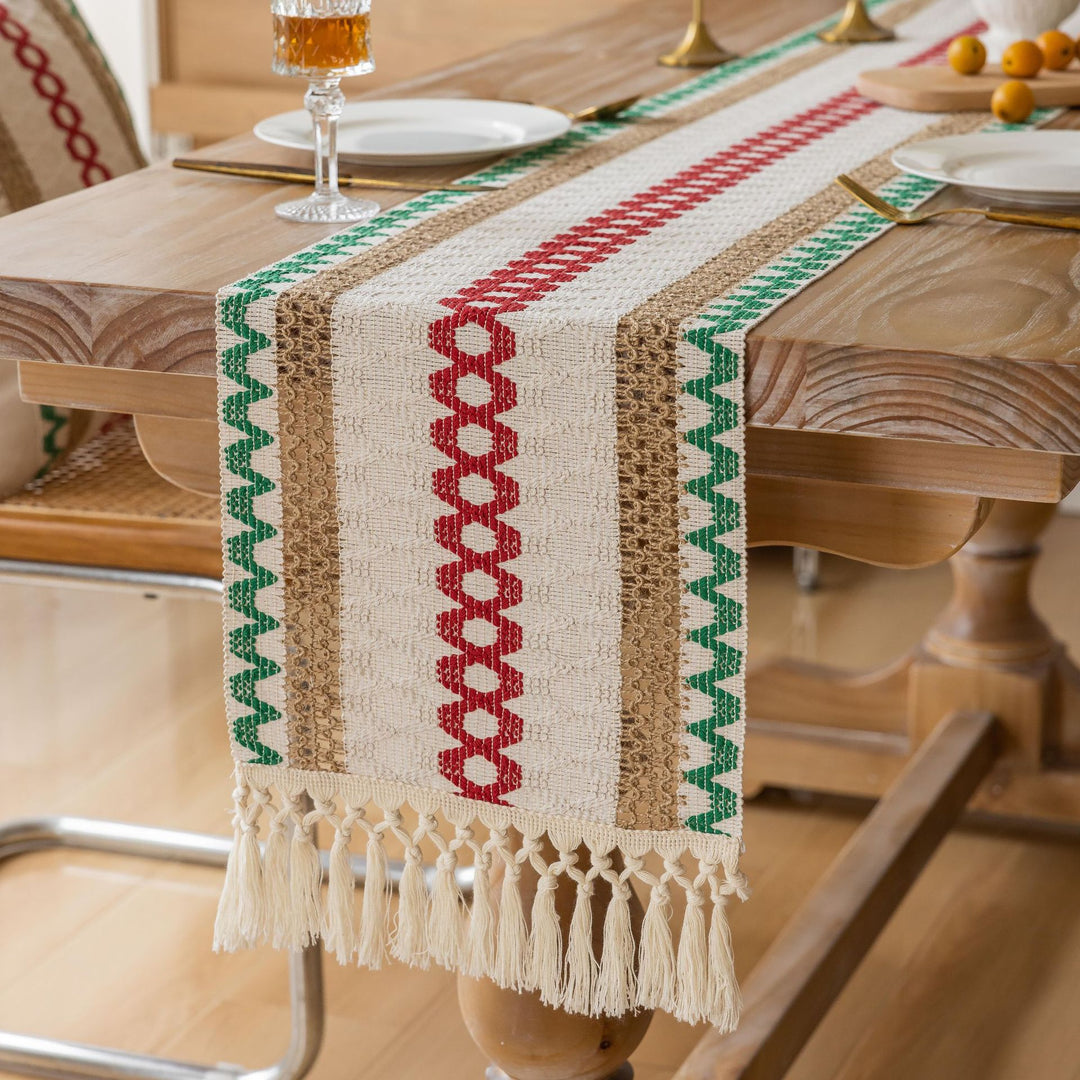 Handwoven Cotton Table Runner with Red Geometric Heart Stripe and Knotted Tassel Fringe