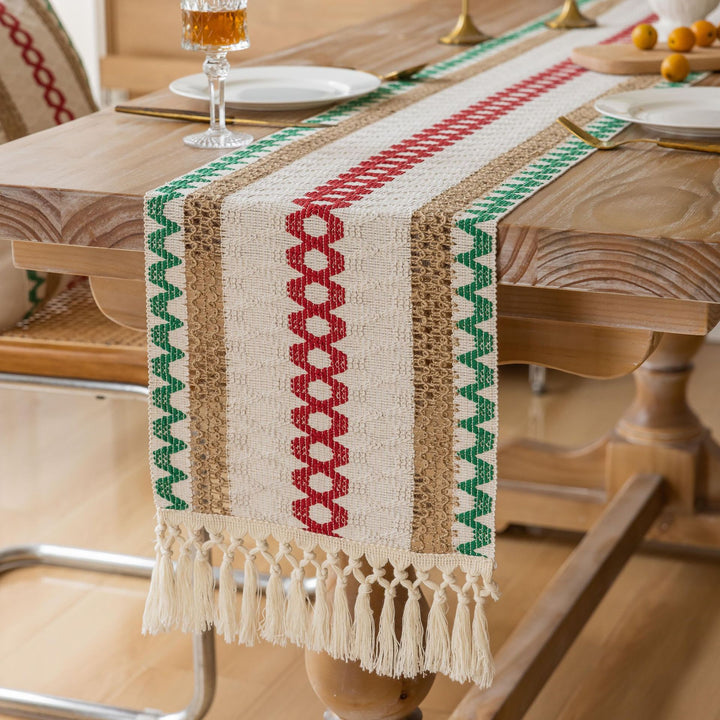 Handwoven Cotton Table Runner with Red Geometric Heart Stripe and Knotted Tassel Fringe