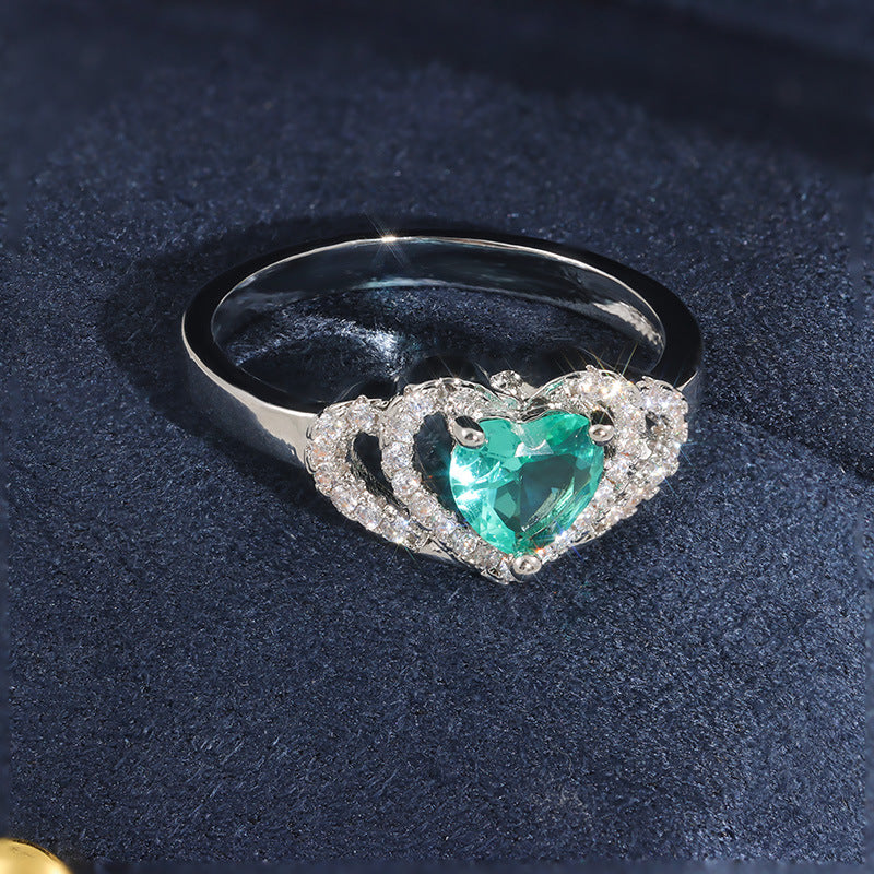 Heart Heart-Shaped Simulated Emerald Halo Engagement Ring With Pavé Cubic Zirconia