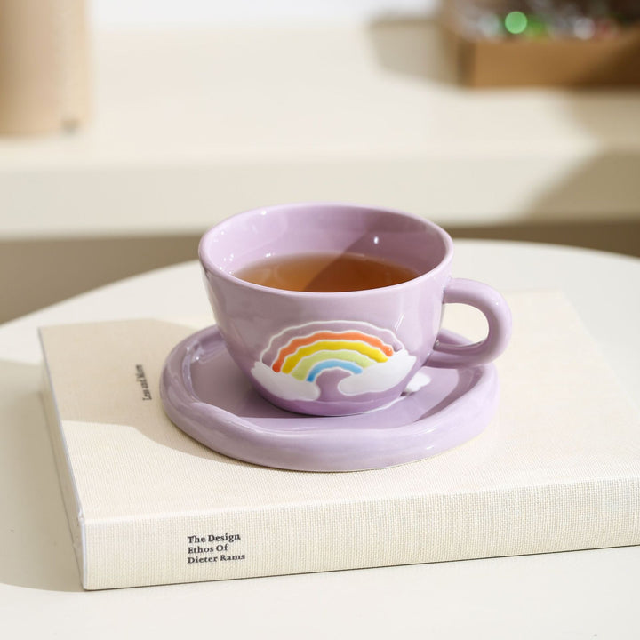 Pastel Design Ceramic Mug Set with Saucer and Raised Rainbow Relief