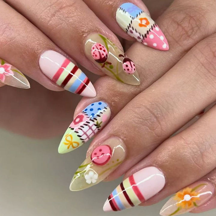 Artistic Stiletto Press-On Nail Set with Floral Accents