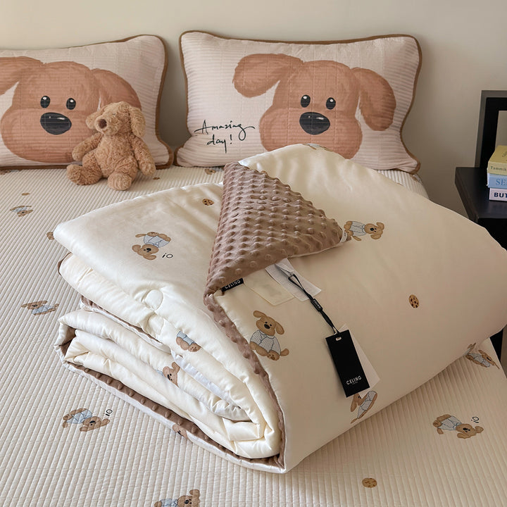 Children's bed set with quilted pillow set, mattress pad, and minky cuddle blanket