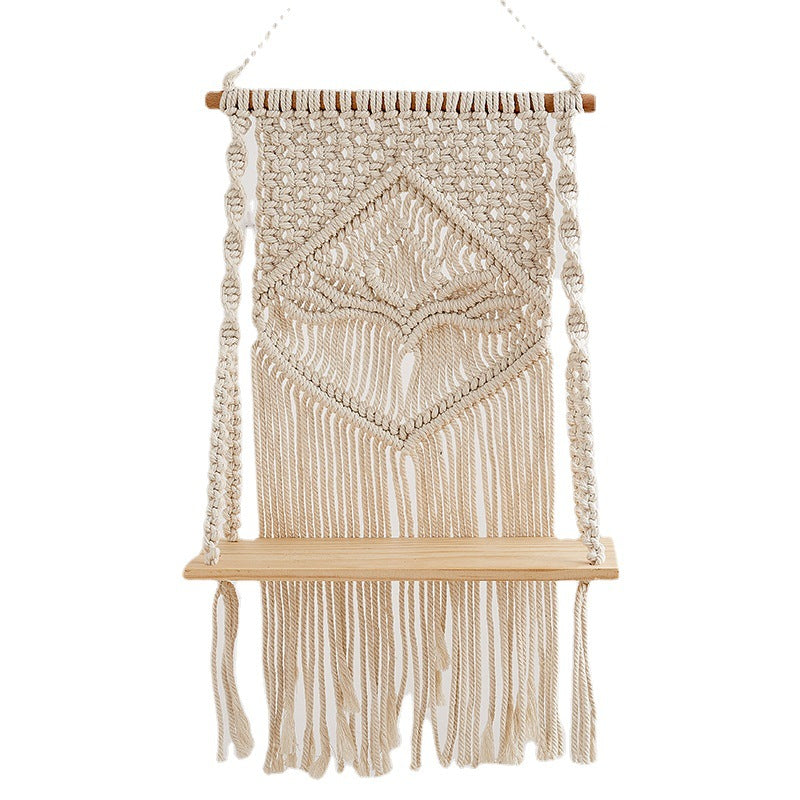 Macramé Hanging Shelf with Natural Wood Base Kalsten