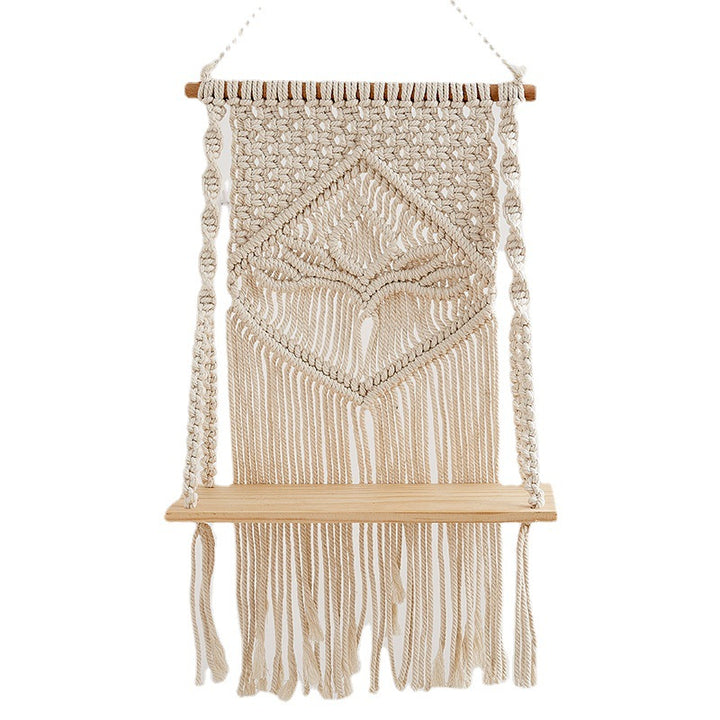 Macramé Hanging Shelf with Natural Wood Base Kalsten