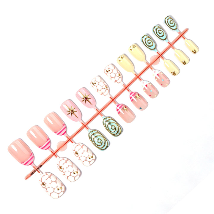 Acrylic nail set with creative abstract designs and glitter accents Kalsten