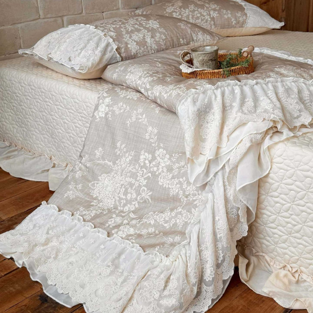 Padded bedspread set with multilayer lace trim and floral woven texture