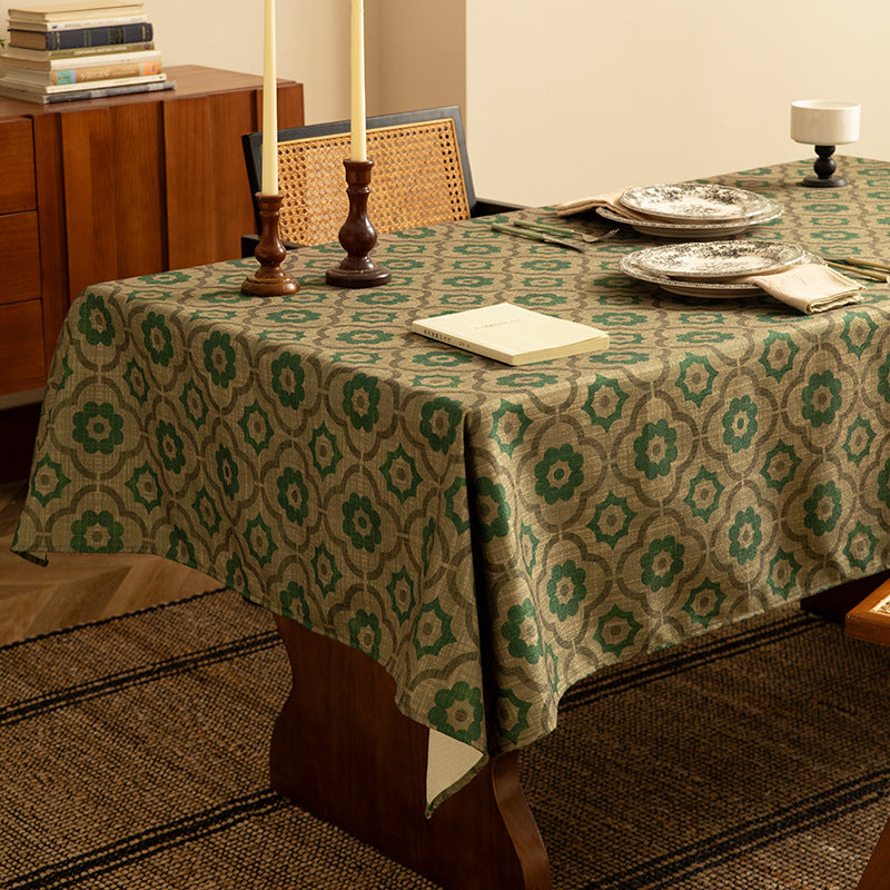 Woven rectangular tablecloth with geometric floral pattern and linen look