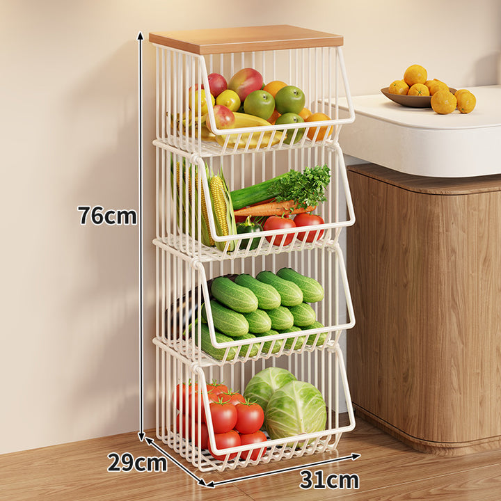 Compact Triple-Tier Rolling Wire Vegetable and Fruit Storage Cart with Wooden Top