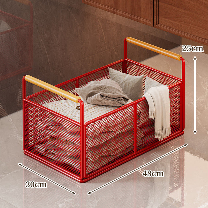Low-Profile Metal Mesh Storage Crate with Dual Wood-Accent Handles for Blankets and Towels
