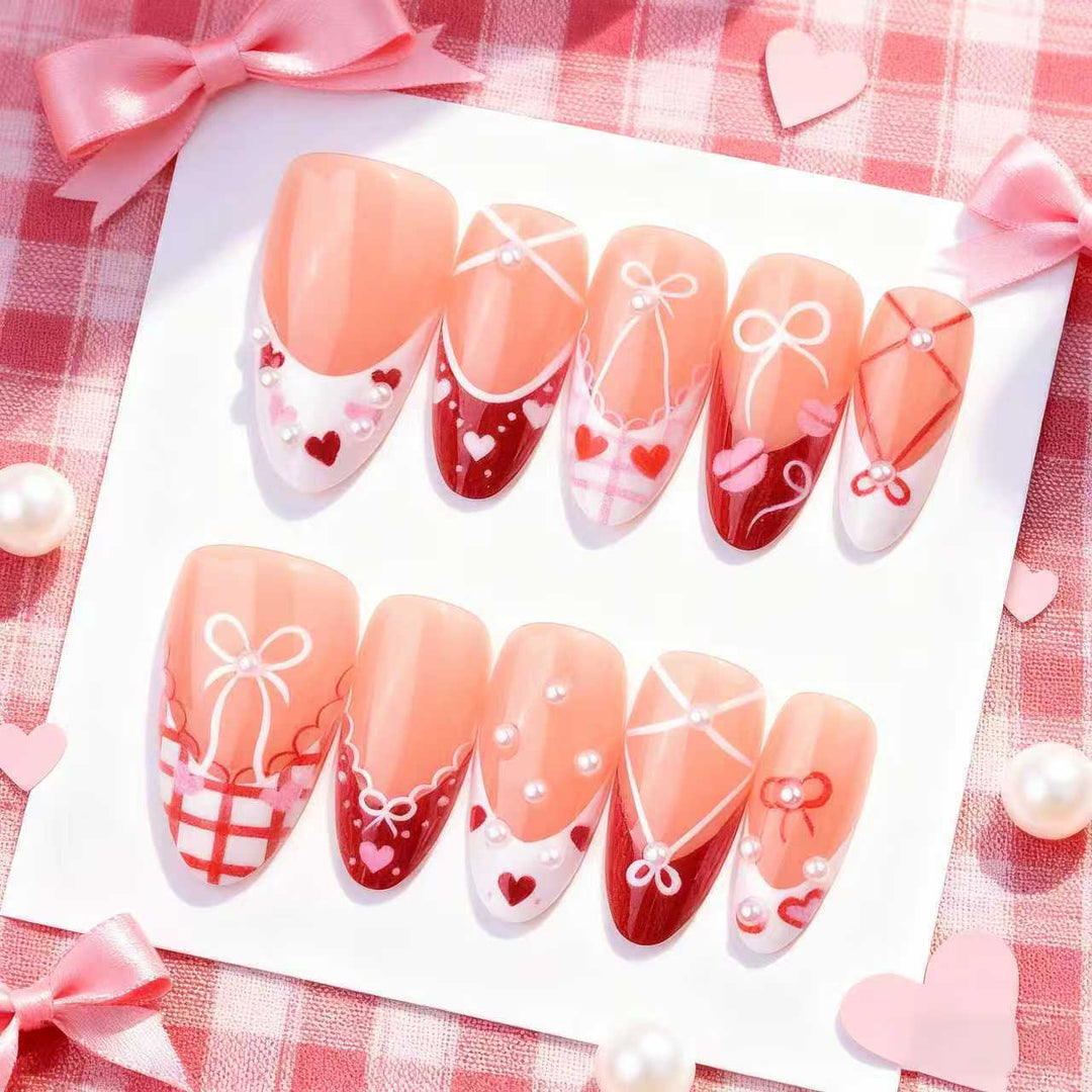 Decorative Press-On Nail Art Set with Bow and Heart Designs Kalsten