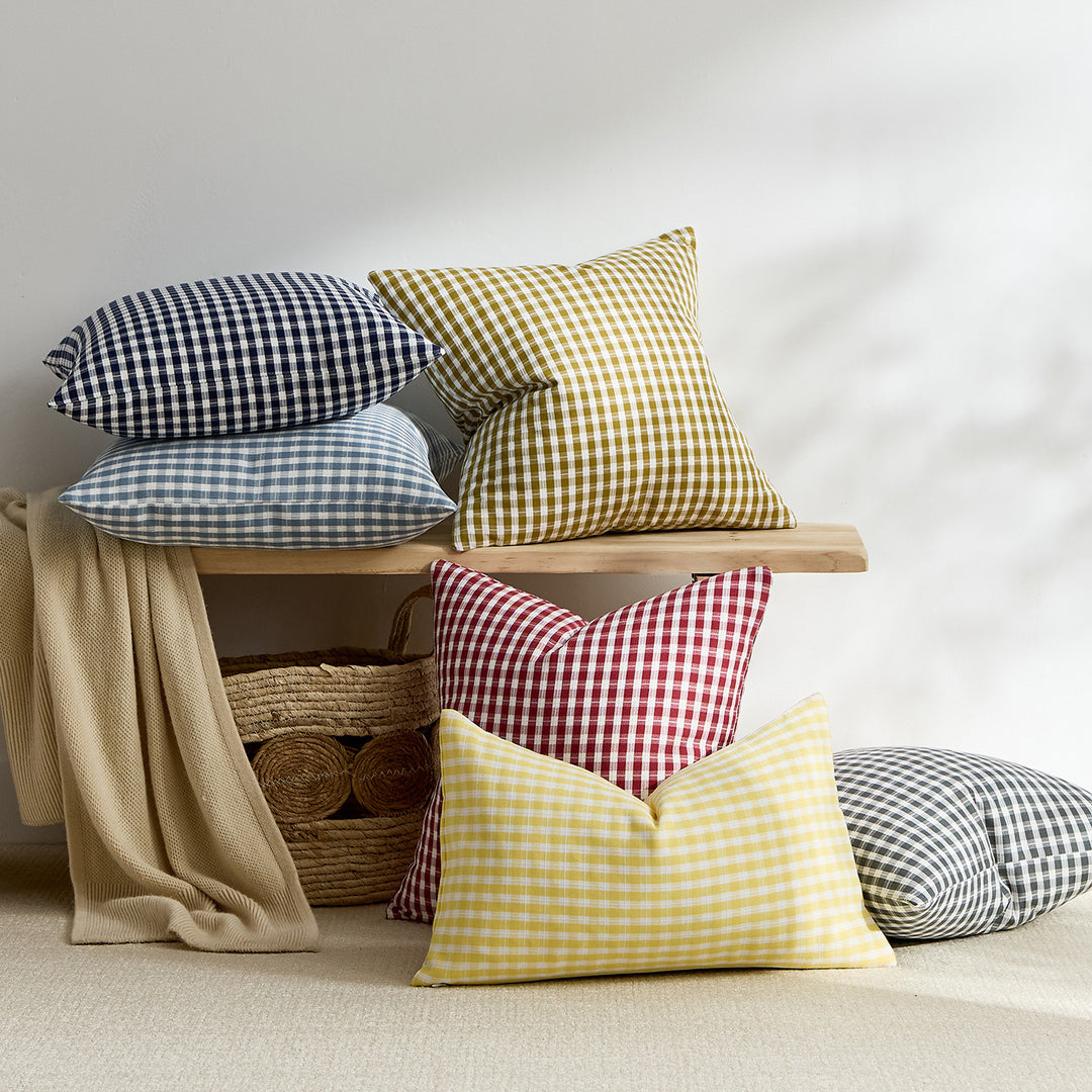 Gingham Cotton-Linen Square Throw Pillow Covers with Hidden Zipper Pair