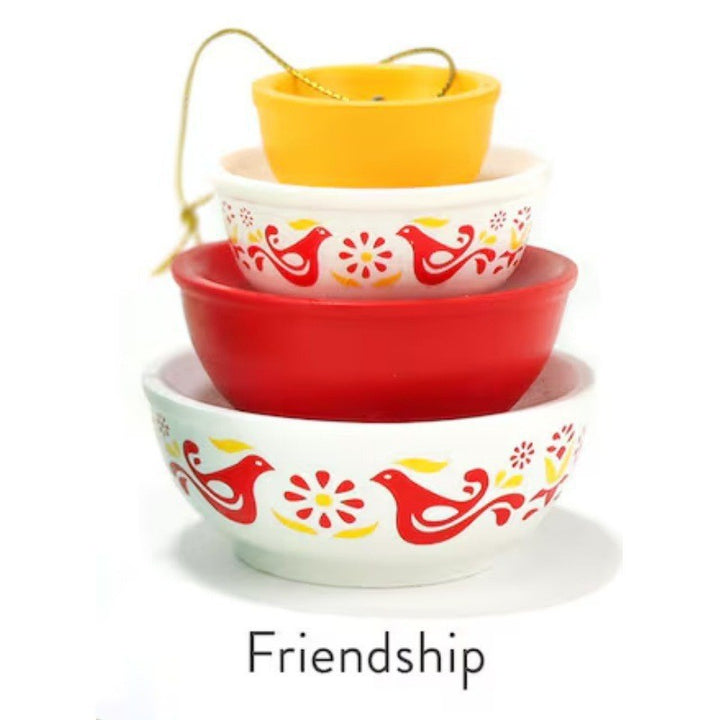 Stackable Ceramic Nesting Bowl Set With Folk Bird Motif And Glossy Glazed Finish