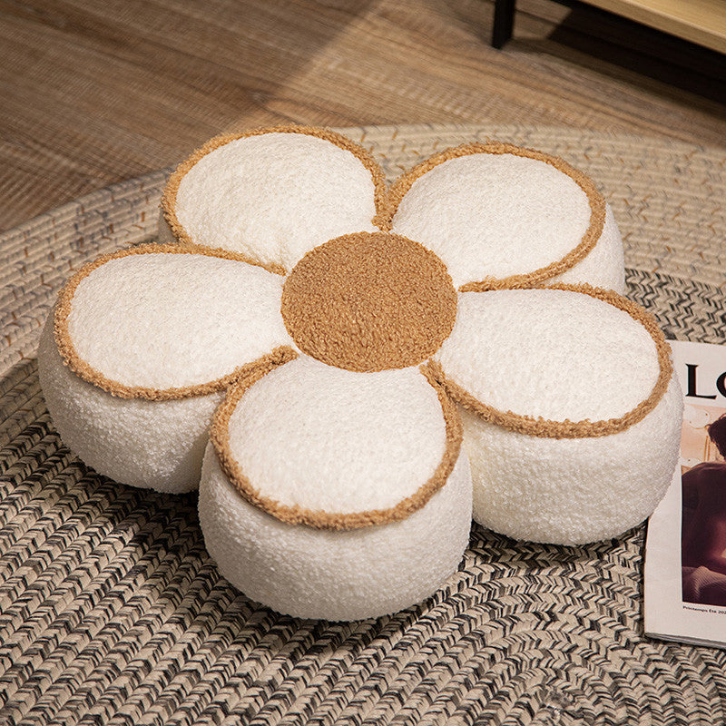 Padded seat cushion in flower shape with faux leather center piece and fluffy edge padding