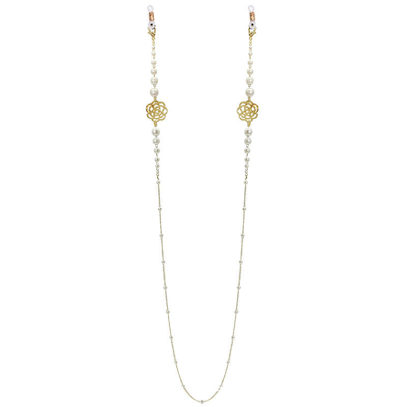 Sparkling glasses holder chain with pearls and floral pendants Kalsten