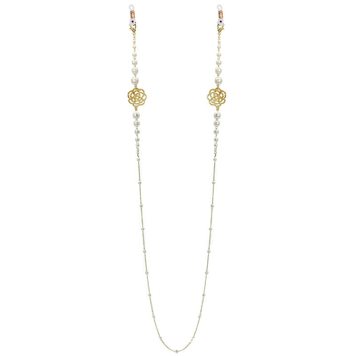 Sparkling glasses holder chain with pearls and floral pendants Kalsten