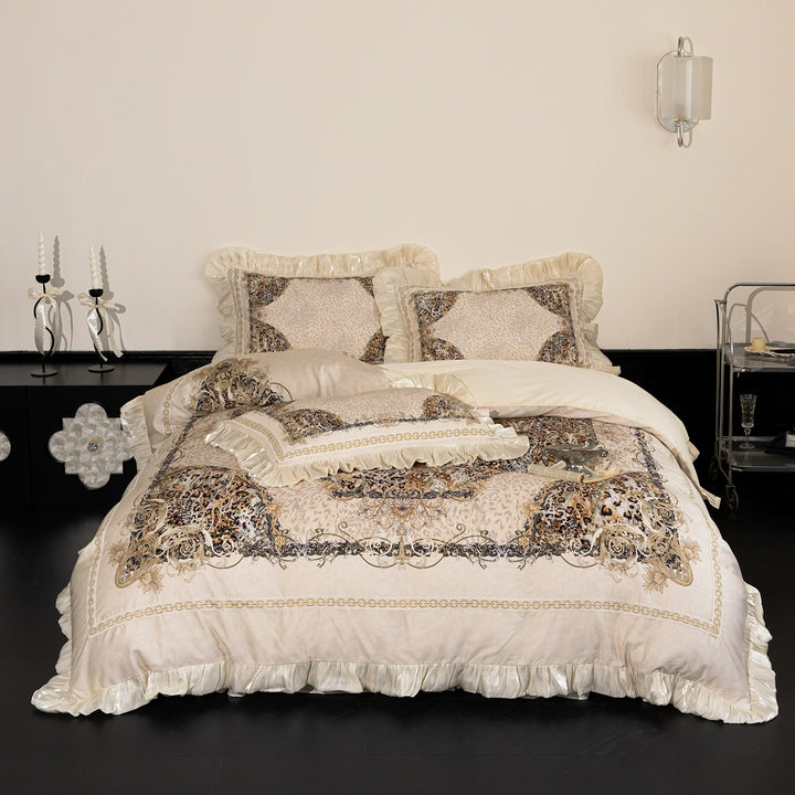 Baroque bed linen set with satin ruffles and ornamental print