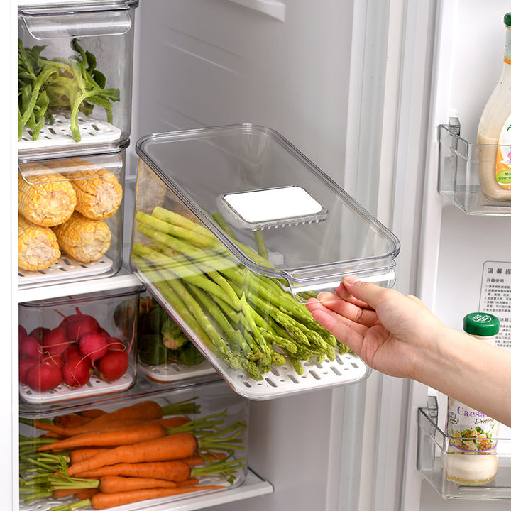 Fridge organizer and freshness box with removable ventilation grid and stackable design