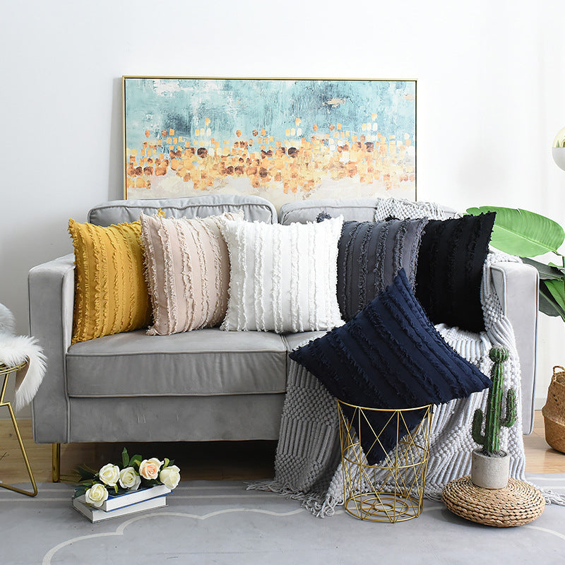Decorative Fringed Textured Throw Pillow Cover Pair