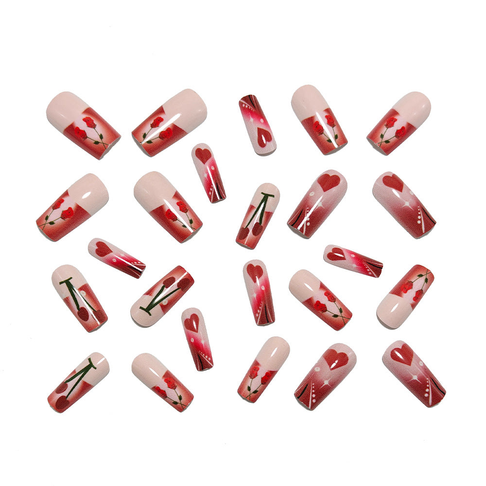 Artificial nails with romantic heart and cherry design Kalsten