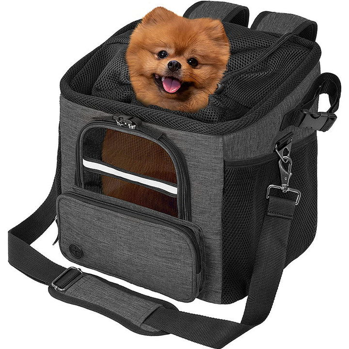 convertible front-mount pet transport backpack with reinforced base, breathable mesh canopy, padded straps and detachable shoulder sling Kalsten