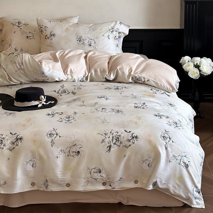 Luxurious satin bedding set with delicate rose patterns and button placket