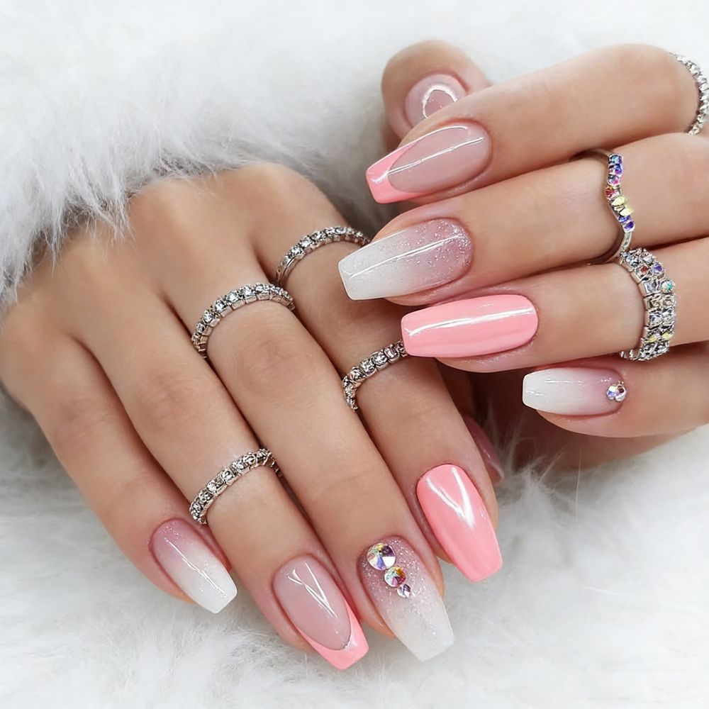 Decorative Press-On Nail Set with Gem Accents