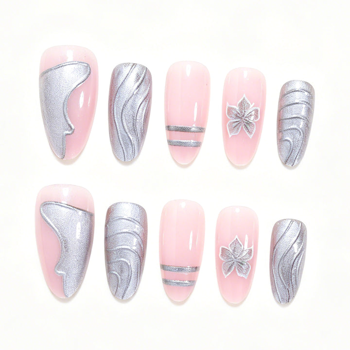 Elegant Metallic Floral Accent Press-On Nails Kalsten