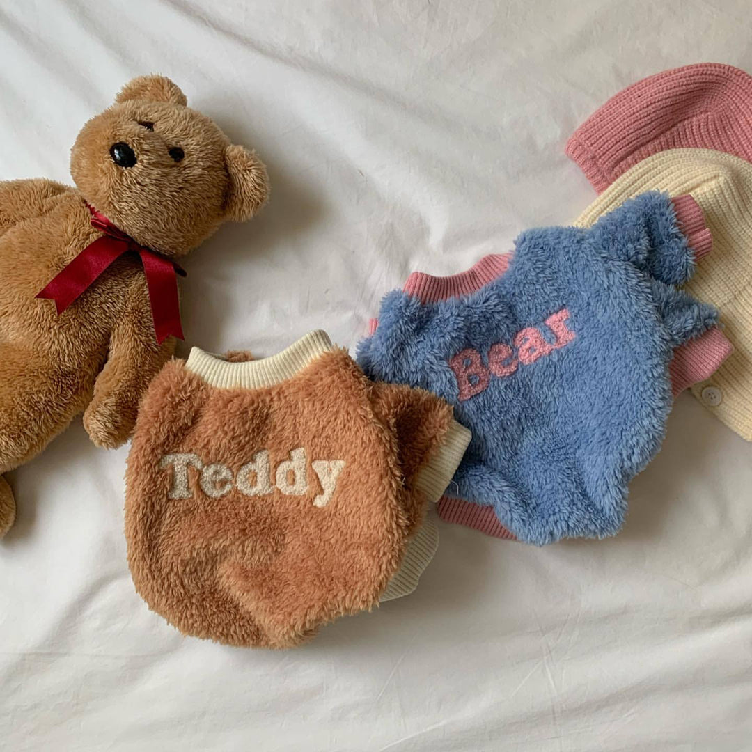 Teddy Plush Pullover Dog Sweater with High-Fit Ribbed Neck and Embroidered Lettering