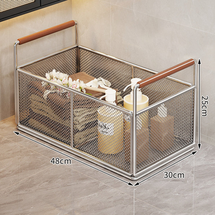Rectangular Metal Mesh Countertop Storage Basket with Wooden Carry Handles