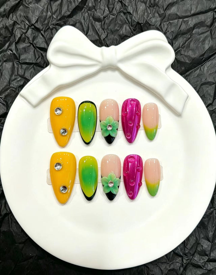 Artistic Press-On Nail Set with Floral and Gradient Designs