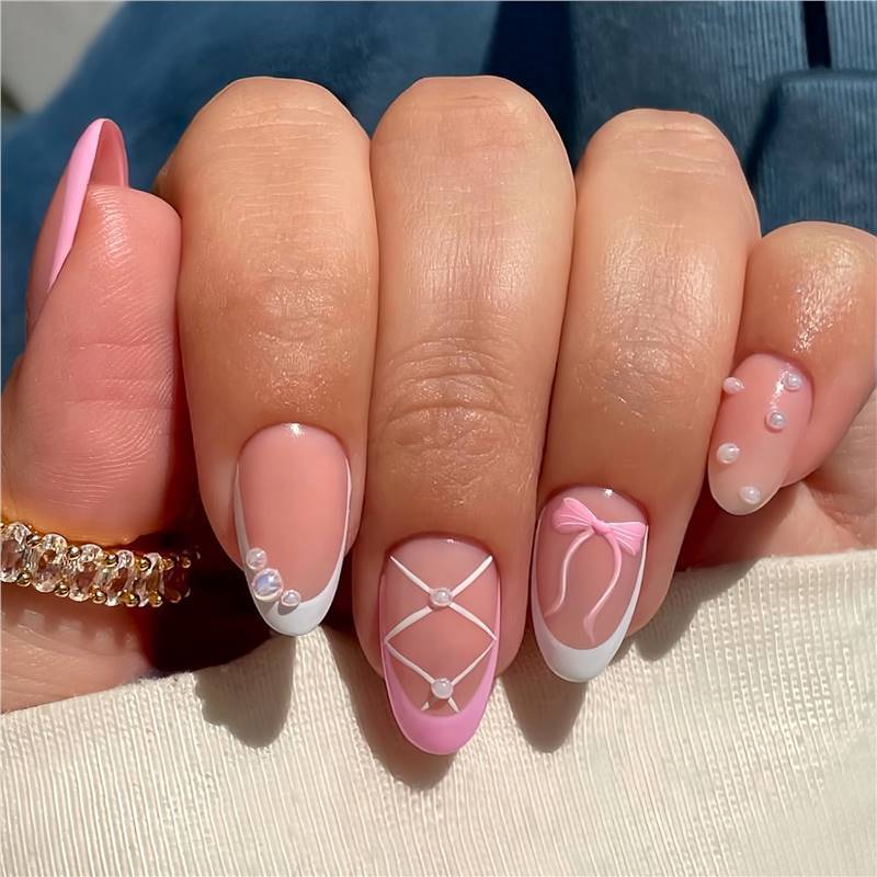 Elegant Decorative Press-On Nail Set with Bow and Pearl Accents Kalsten