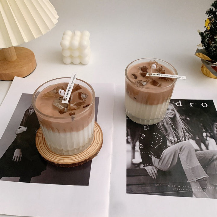 Hand-Poured Layered Latte-Glow Soy Candle in Ribbed Glass with Ice-Accent Top
